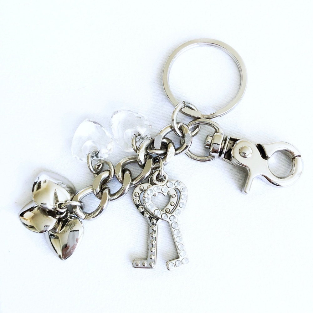 Silver and Crystal Hearts Charm Keychain